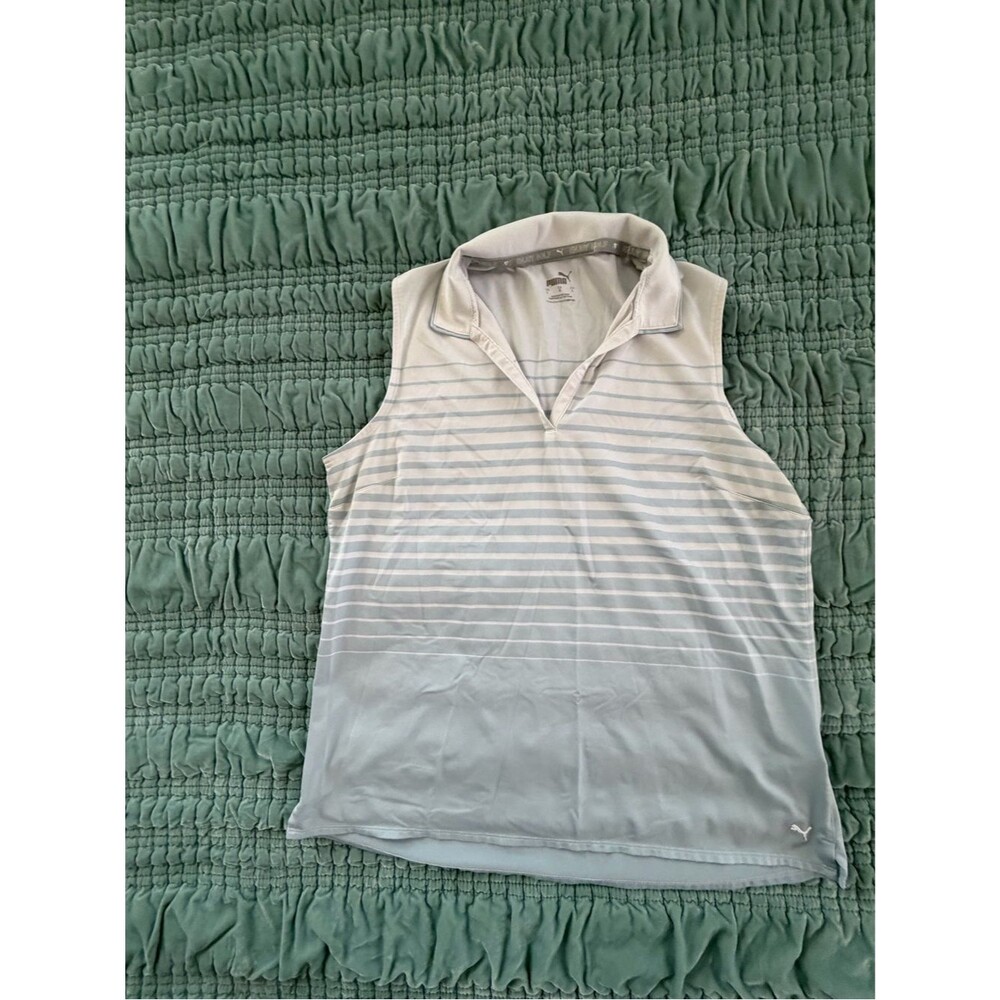 Puma Women's Sleeveless Gradient Polo Tank - Light Blue & White, Large